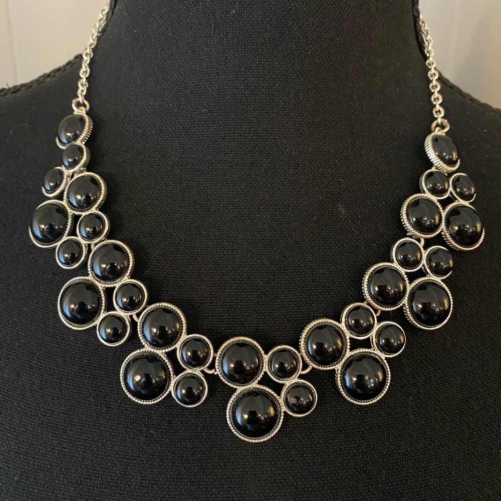 Vintage Liz Claiborne Black & Silver Tone Statement Bib Necklace Mini Bubble